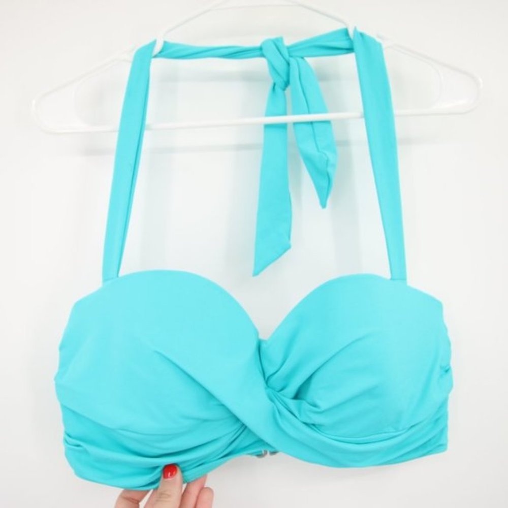 NWOT Lands End Aqua Blue Twist Bikini Top Halter Neck Size 10 DD